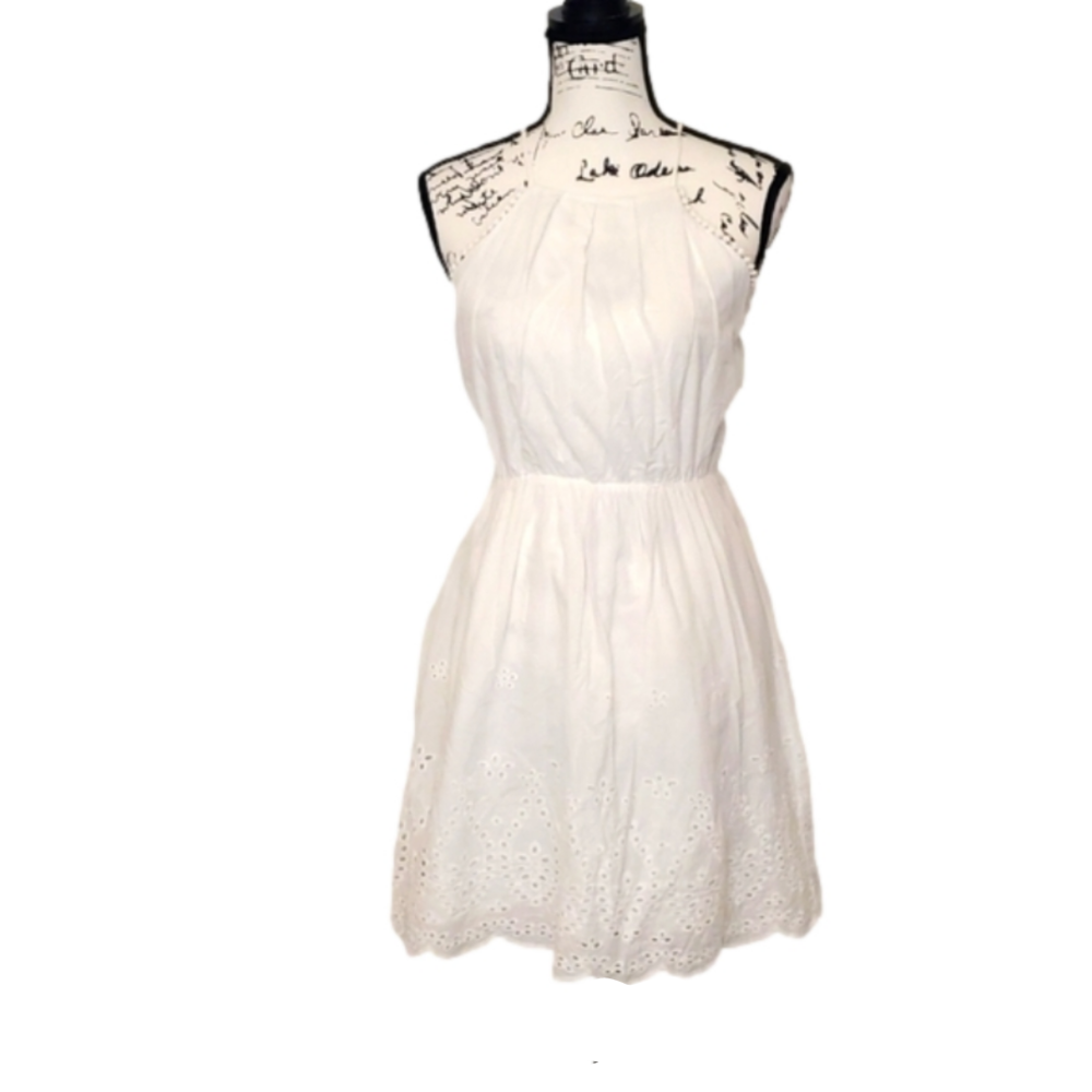 Blue Rain | White Cotton Halter Mini Dress with Embroidery Eyelet Detailing - S